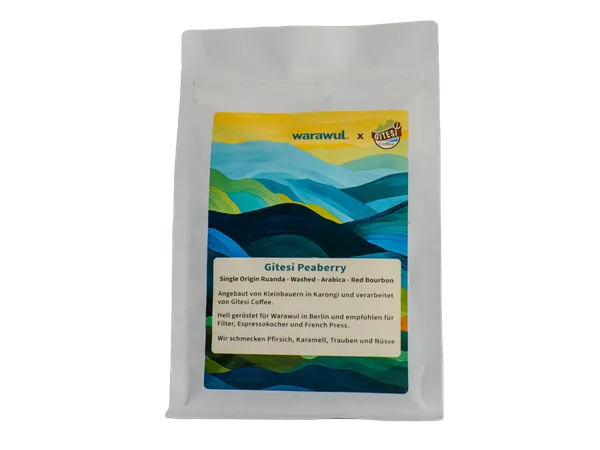 Das Label der Packung Gitesi Peaberry Kaffee